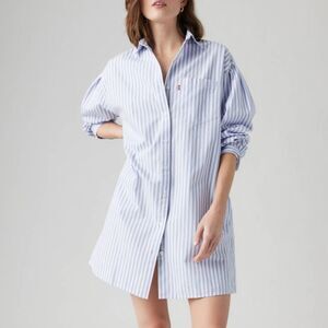 Levi's Blue White Vertical Stripe Long Sleeve Nola Shirt Mini Dress X-Small NWT